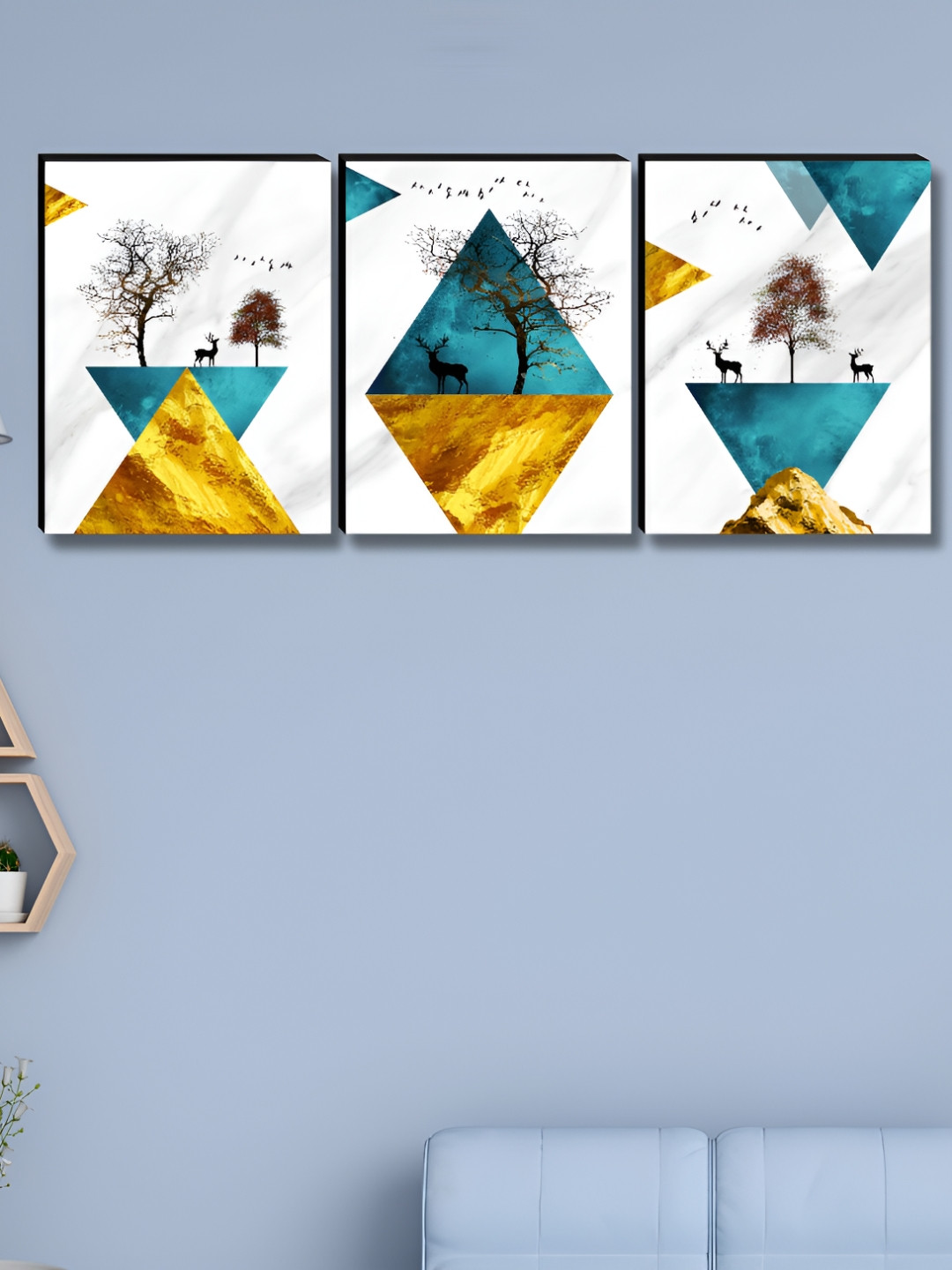 Livin'luxe White & Gold-Toned 3 Pieces Modern Geometric Deer Landscape Wall Arts