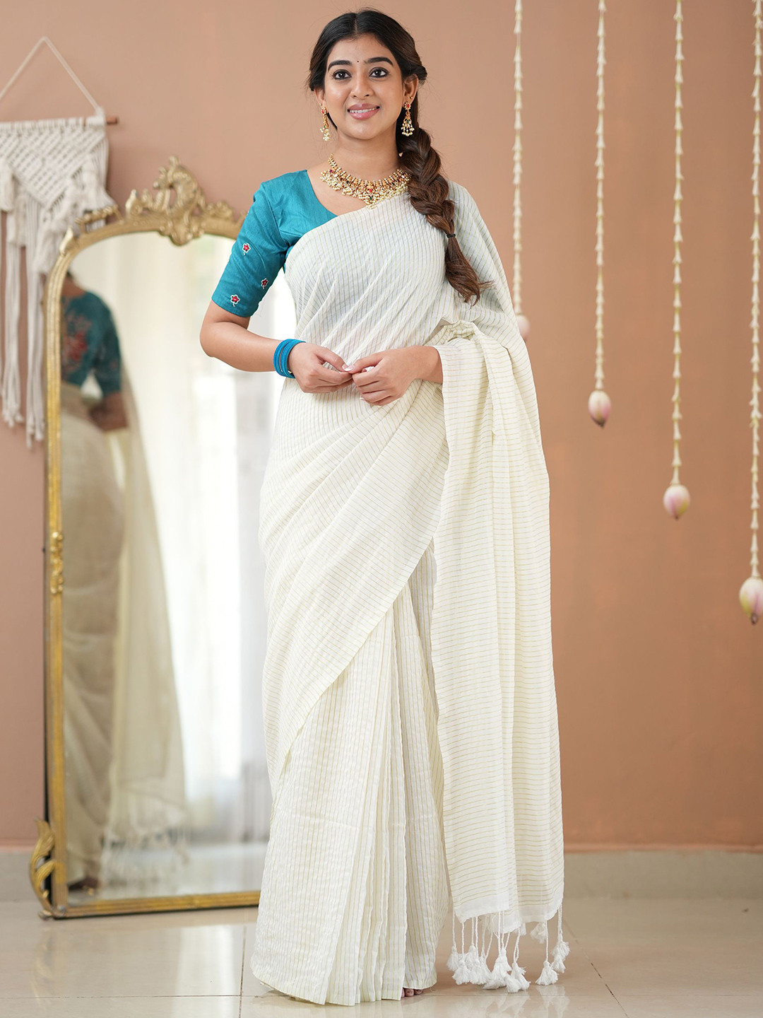 RAAG VARNAM White Stripe cotton Saree designer Work Blouse