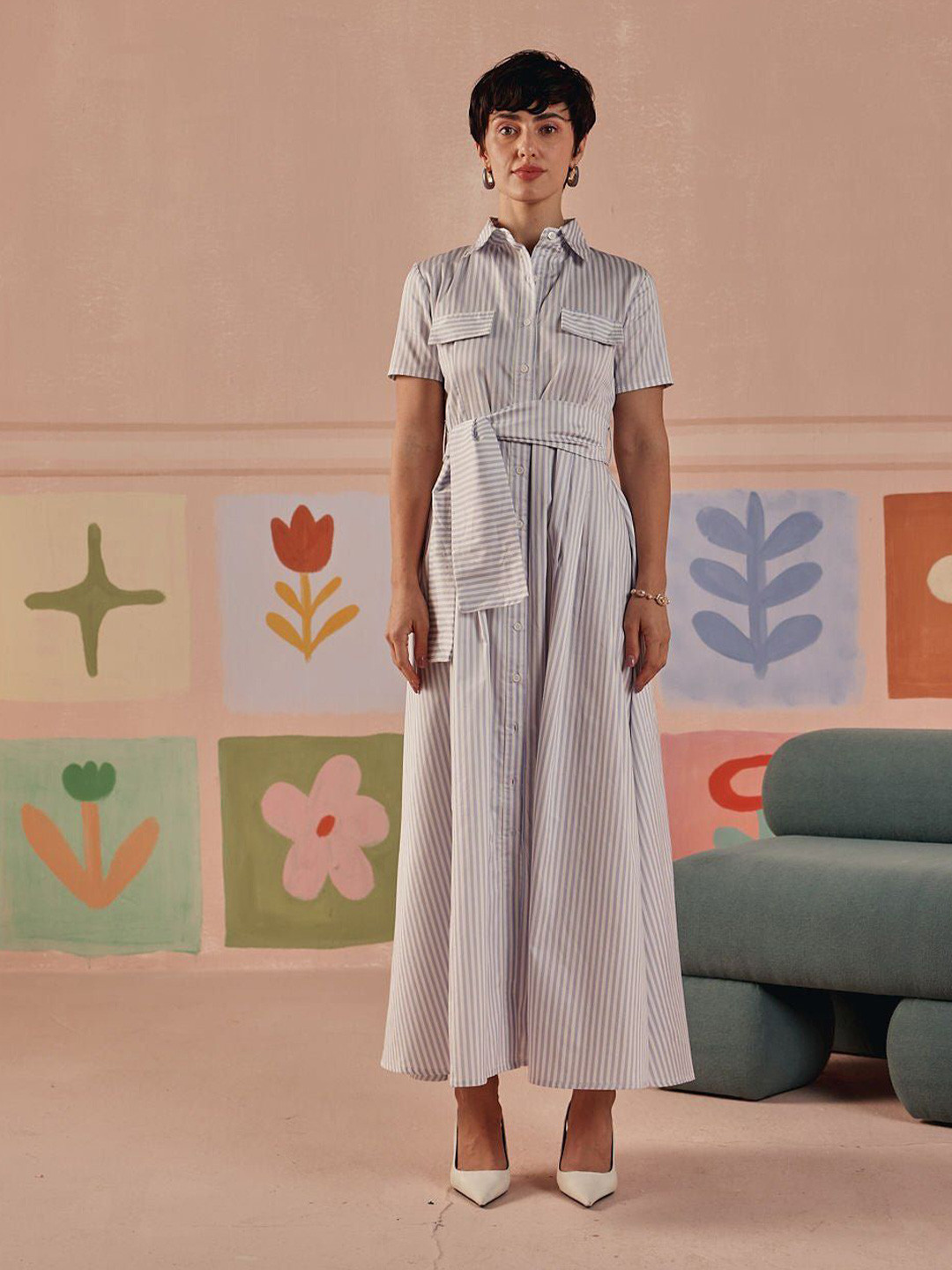 Sage by Mala Women Striped Pocket detailed Shirt Maxi Dress with Self Tie Belt