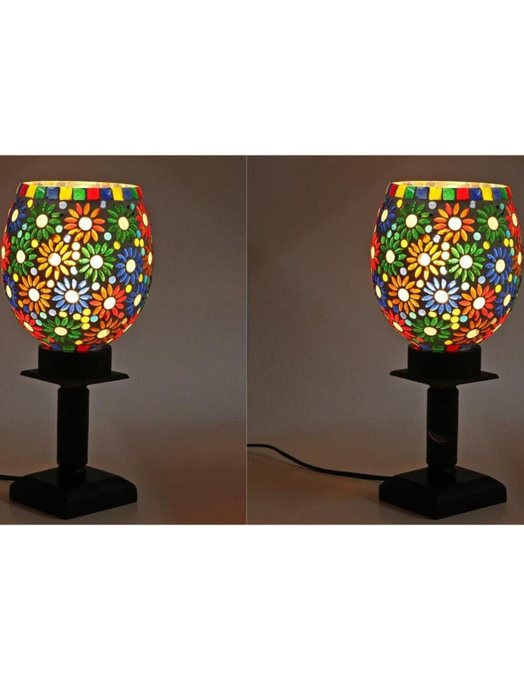 SOMIL White & Multi-Coloured Pack Of 2 Floral Printed Glass Cylindrical Shaped Table Lamp