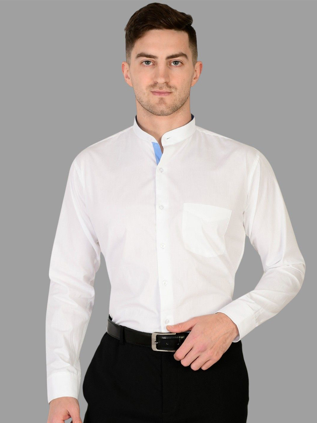 SWAZ Men White Slim Fit White Mandarin Collar CottonFormal Shirt