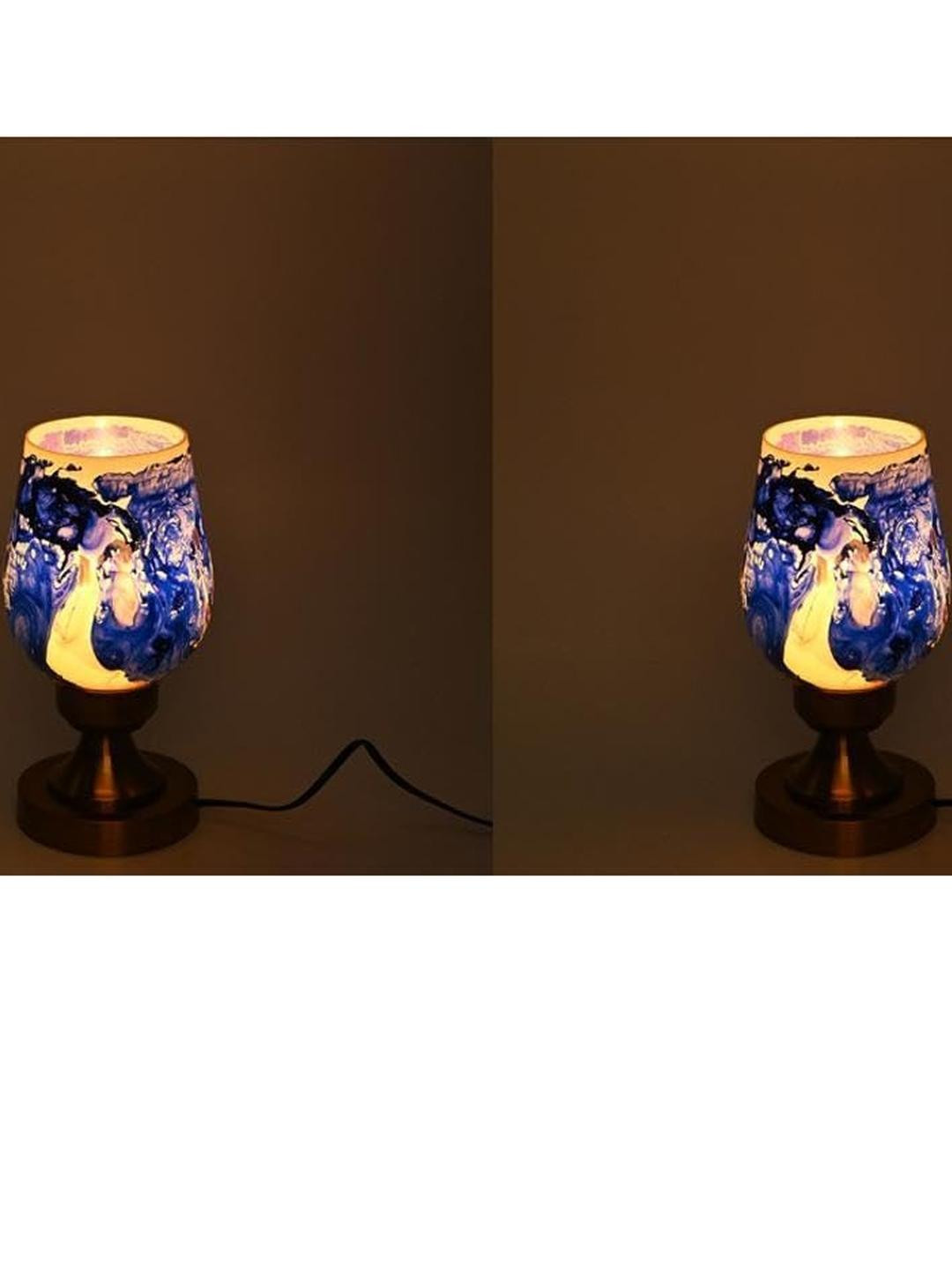 SOMIL Blue 2 Piece Printed Glass Cylindrical Shaped Table Lamp