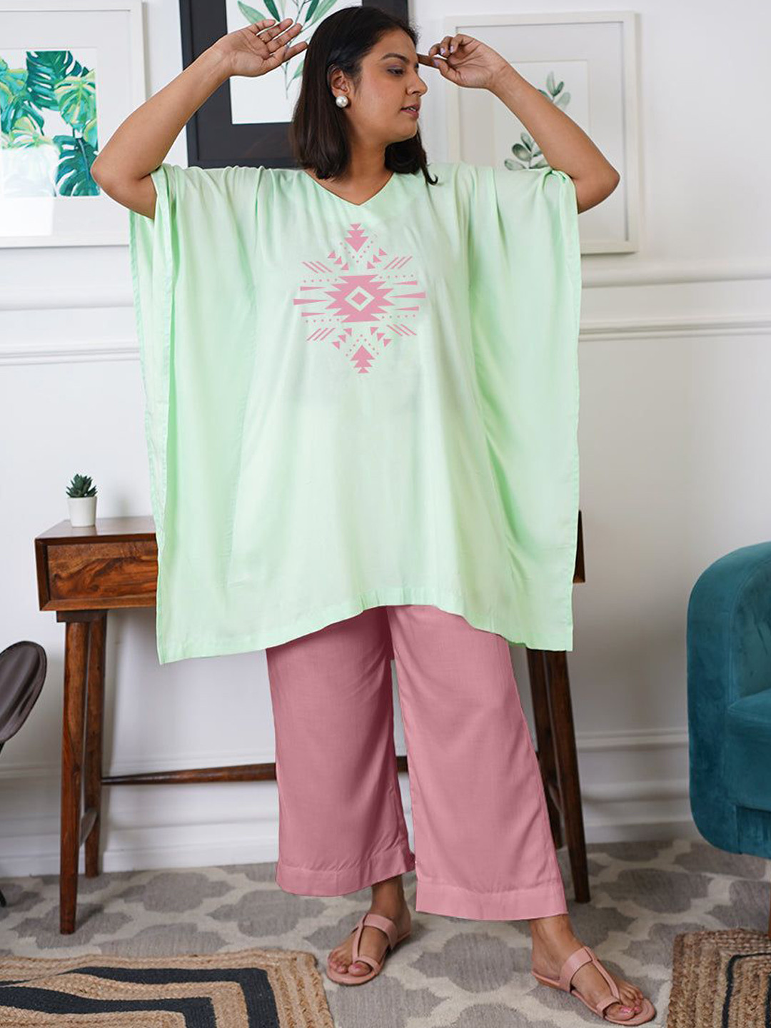 LetsDressUp Women Mint Rayon Kurta & Blush Palazzo