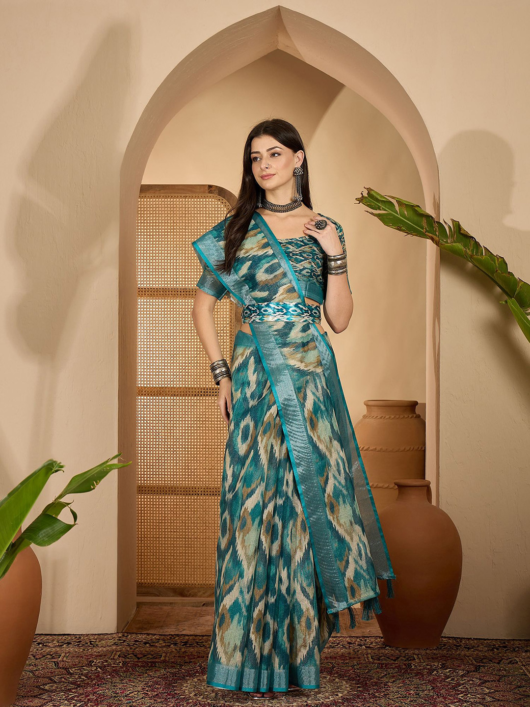 SHADOW & SAINING Ethnic Motifs Printed Zari Linen Ikat Saree With Belt