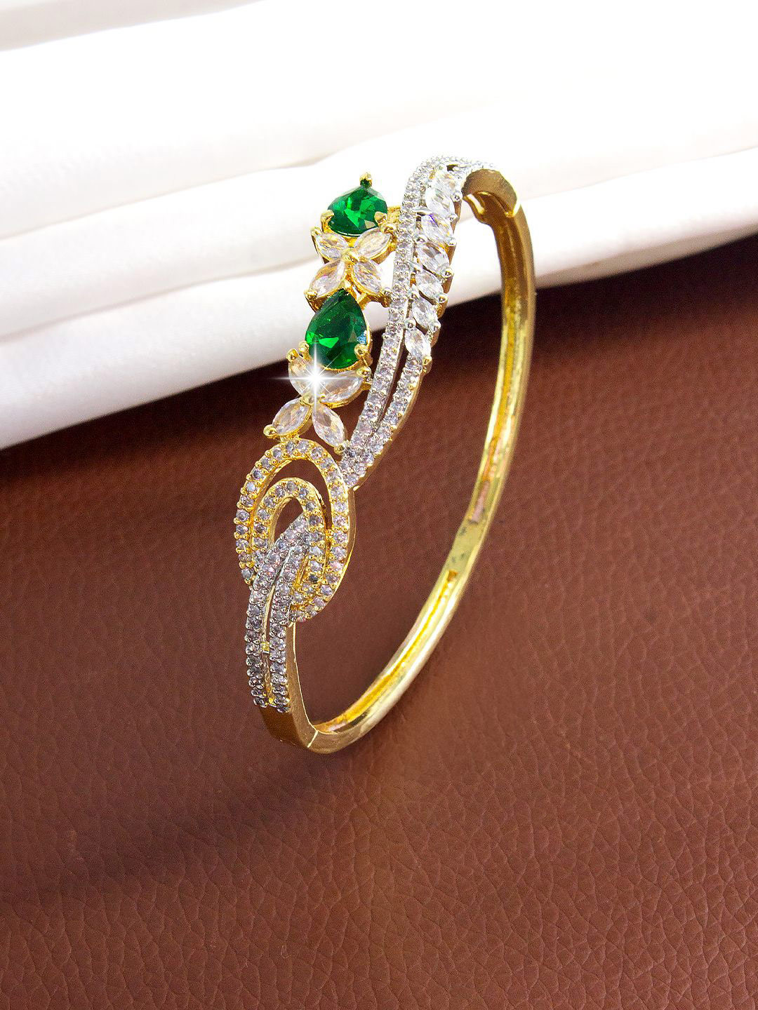 PRIVIU Gold-Plated American Diamond Studded Leaf Bangle-Style Bracelet