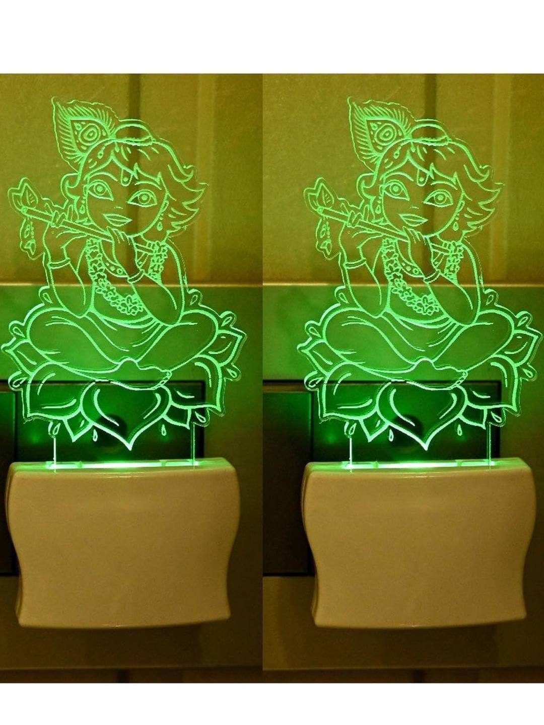 SOMIL Set of 2 Green & Blue Printed Glass Little Krishna Wall Lamp