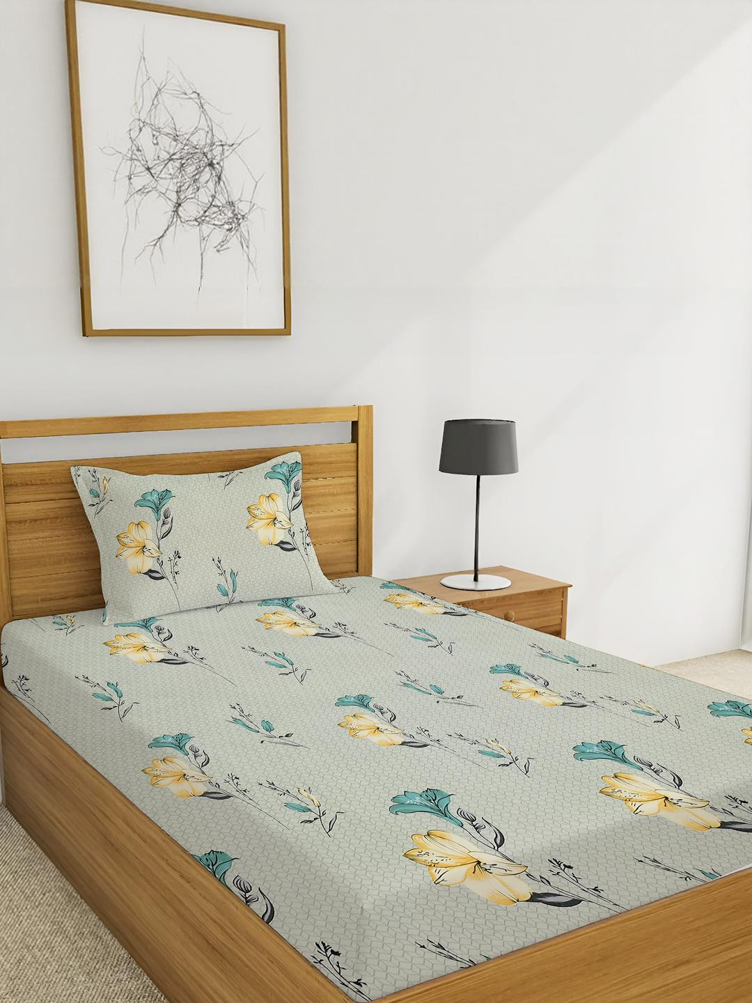 IVAZA Lime Green & Yellow Floral Printed 330 TC Single Bedsheet With 1 Pillow Cover