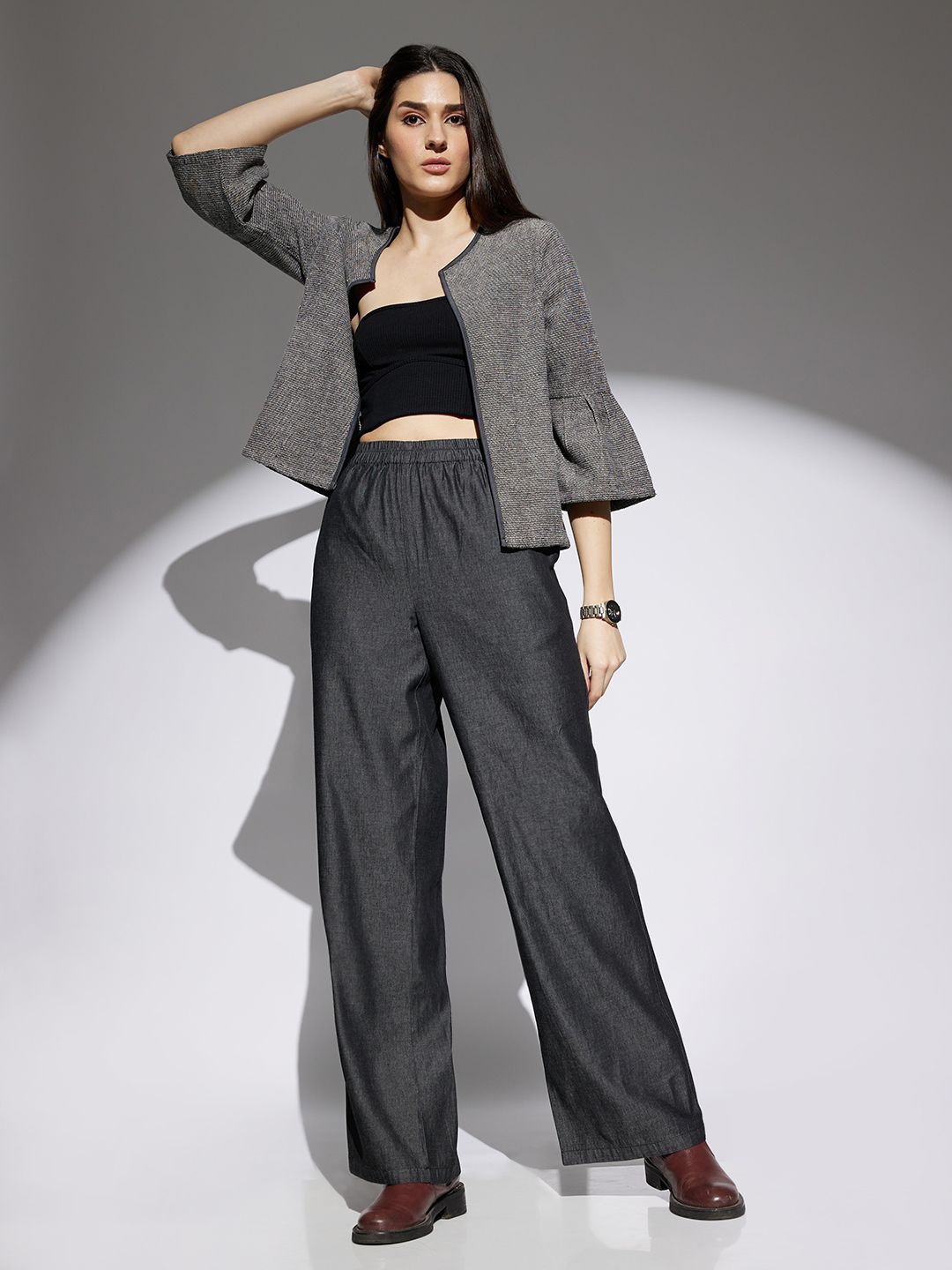 Globus Women Black Denim Mid Rise Elasticated Waist Wide Leg Trousers