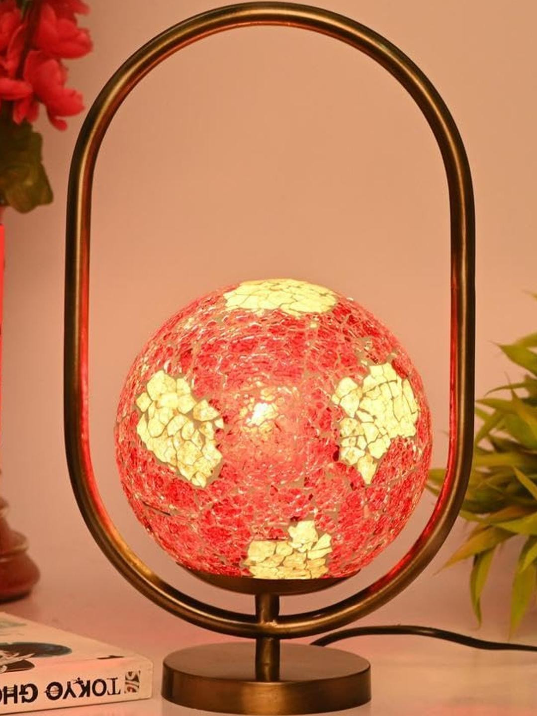 SOMIL Red Printed Glass Circular Shaped Table Lamp