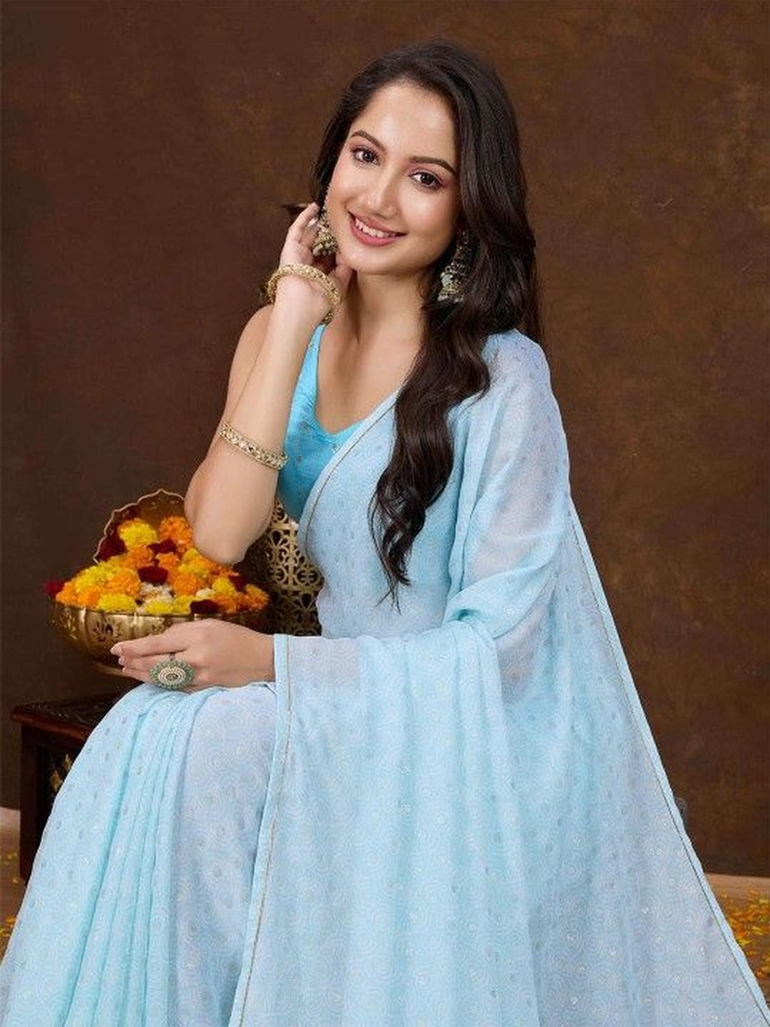 KARAGIRI Blue Colour Crepe Georgette Gold Foil Printed Embellished Saree