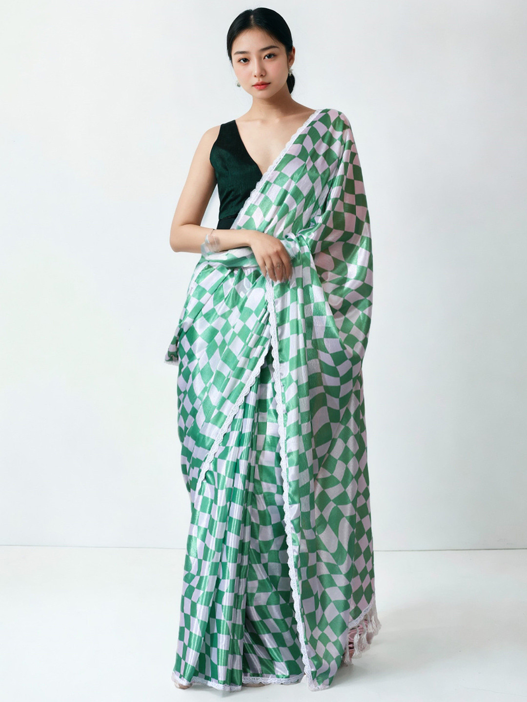 KALINI Soft Chinon Checks Saree With Contrast Blouse Piece