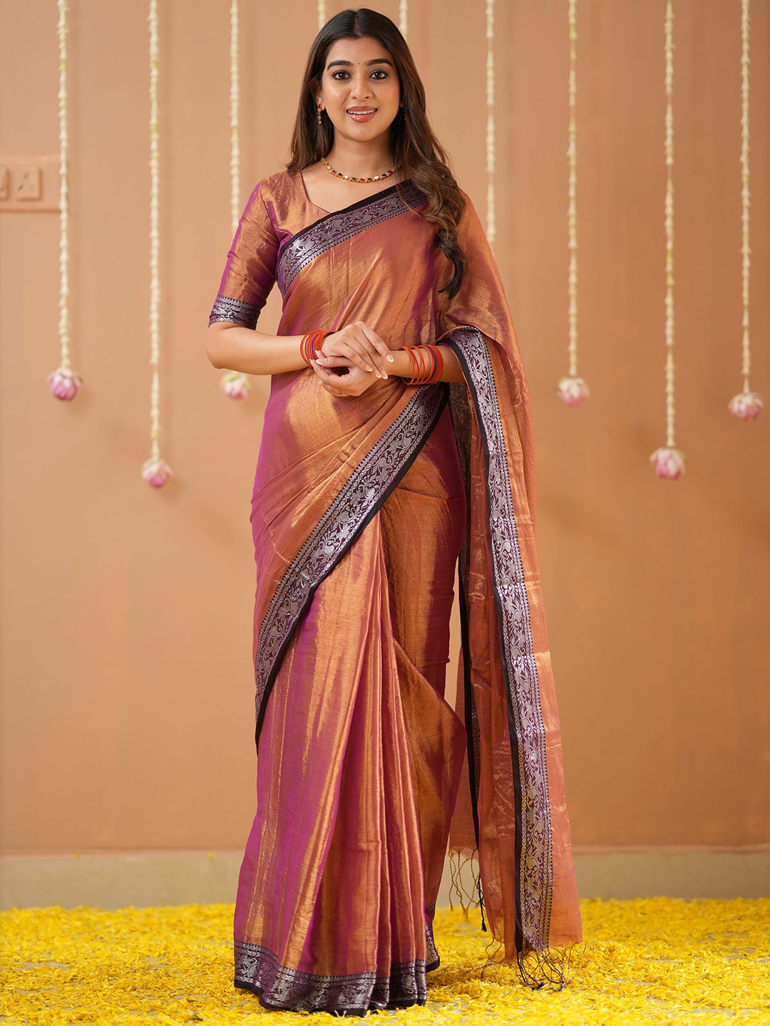 RAAG VARNAM Orange Tissue Saree With Designer Blouse
