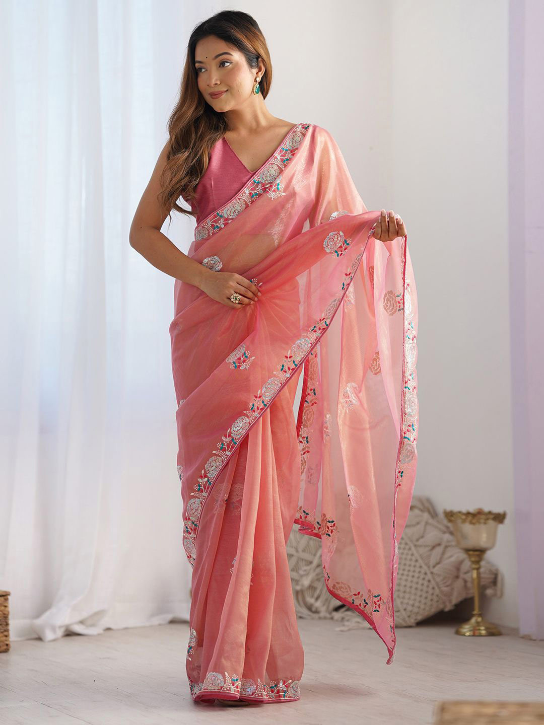 KALINI Floral Sequinned Net Embroidery Work Saree With Unstitched Blouse Piece