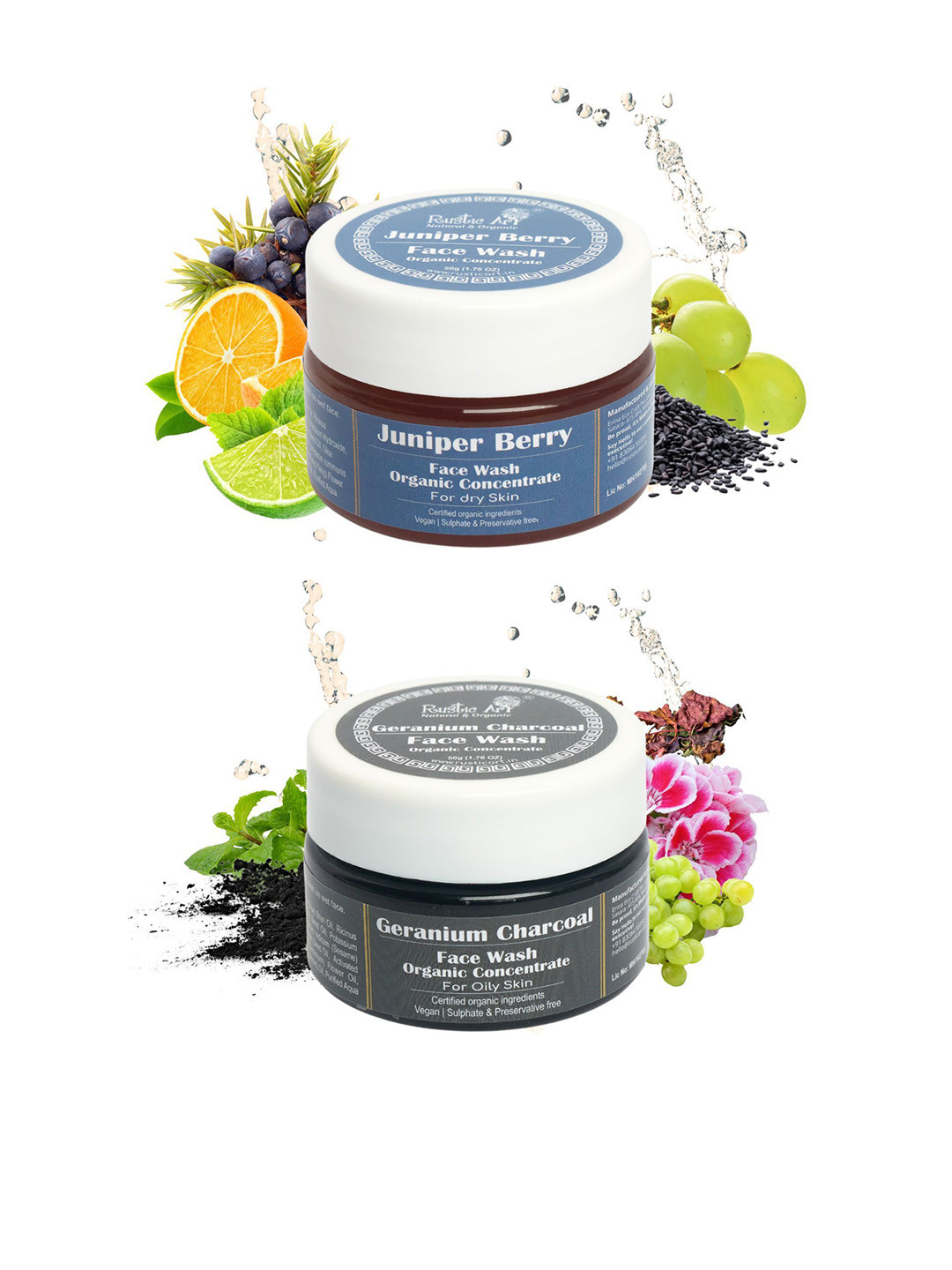 Rustic Art Set Of 2 Geranium Charcoal & Juniper Berry Face Wash -50 g Each