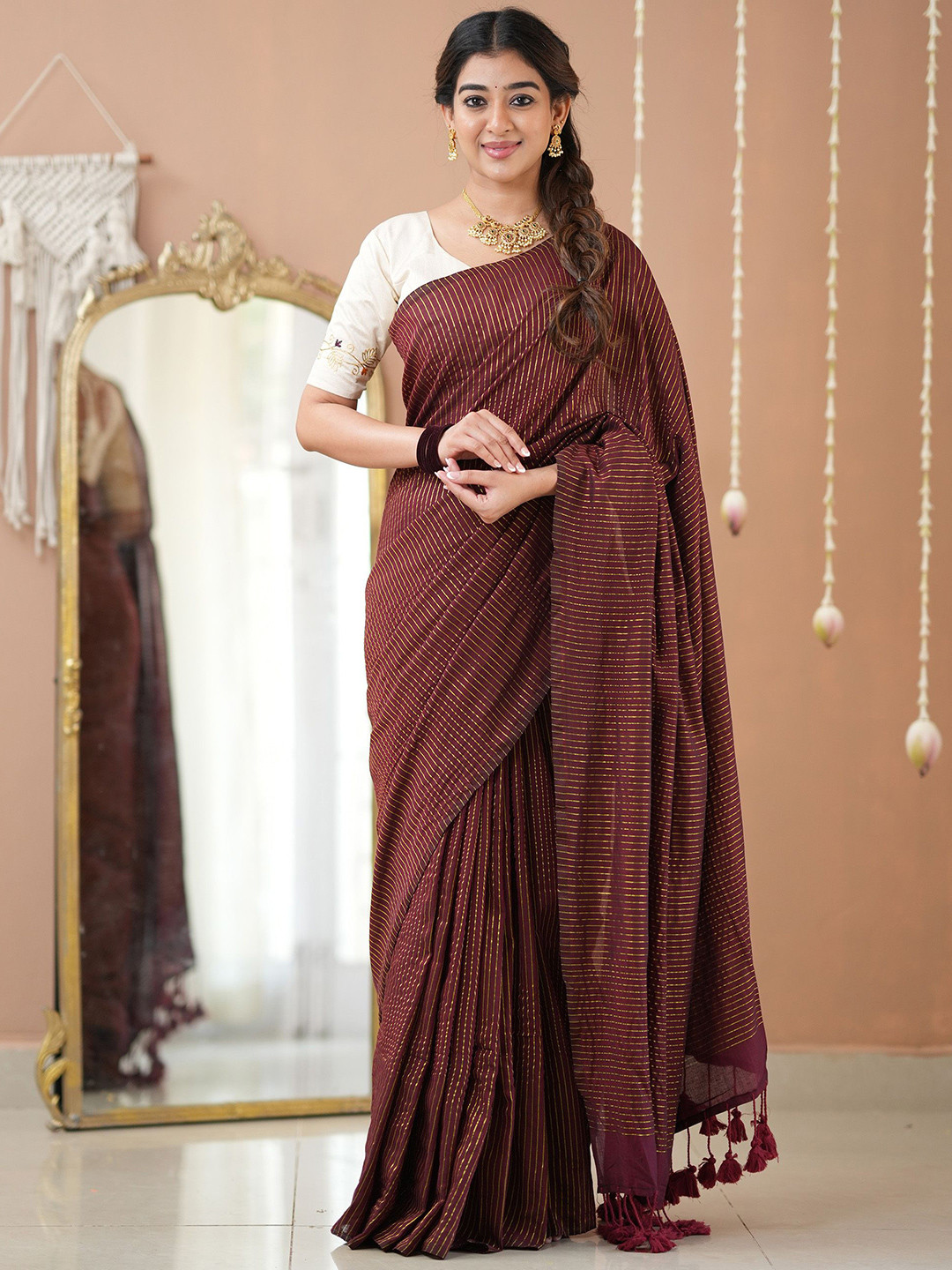 RAAG VARNAM Wine Stripe cotton Saree designer Work Blouse