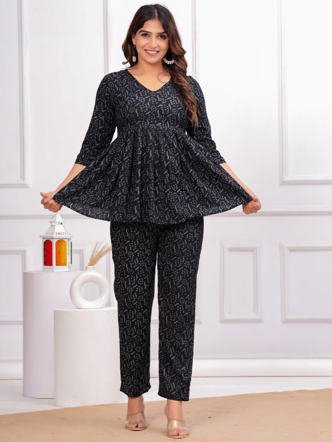 SHALIG Printed Cotton V-Neck Tunic & Trousers Co-Ord Set