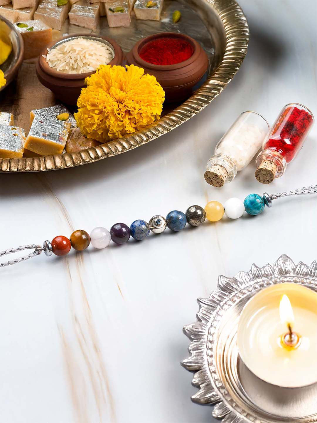 Mesmerize 925 Silver Super 11 Chakra Evil Eye Thread Rakhi With Card & Roli Chawal