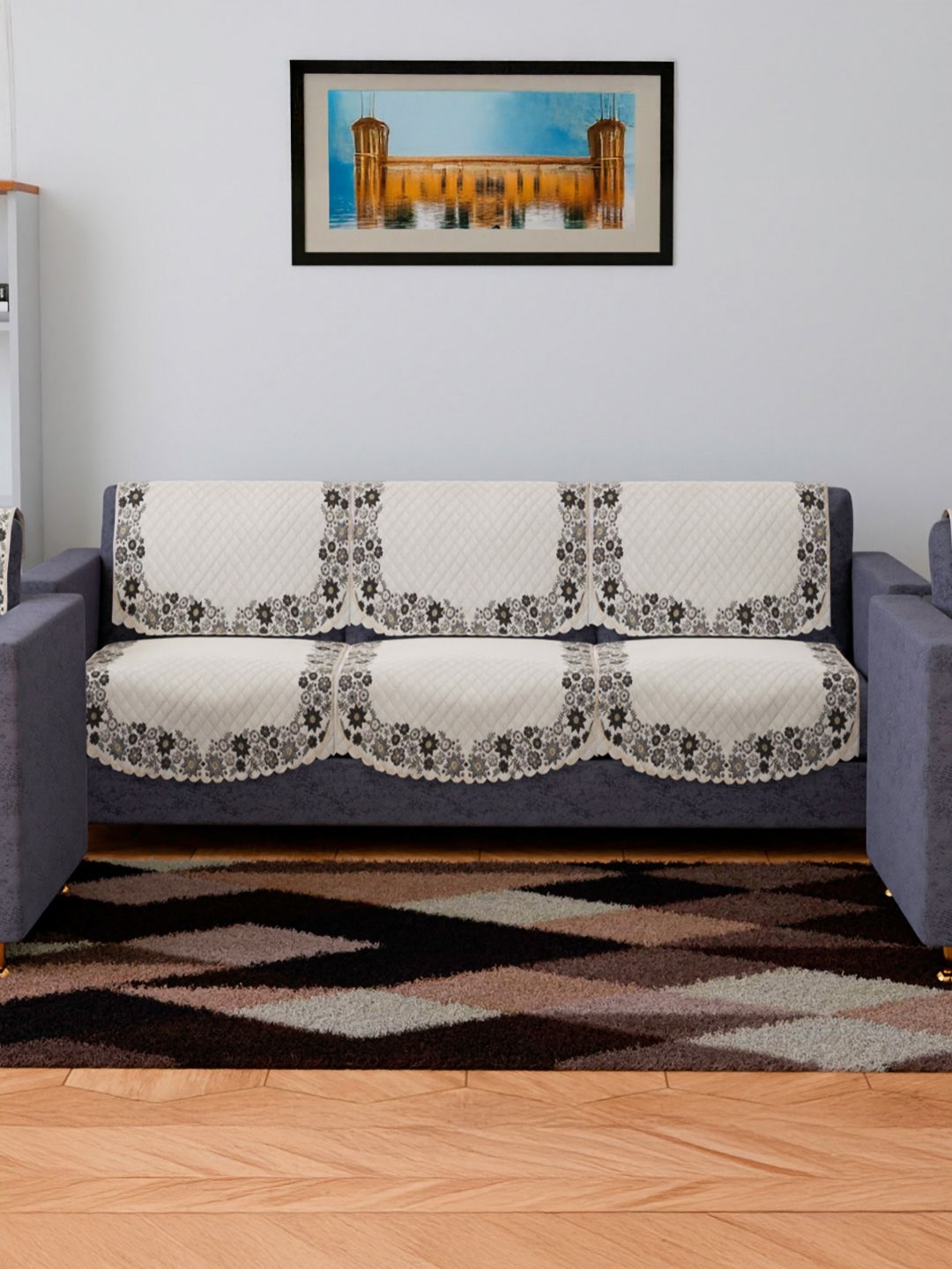 RUBOXA Cream-Coloured & Black Printed Velvet Sofa Cover