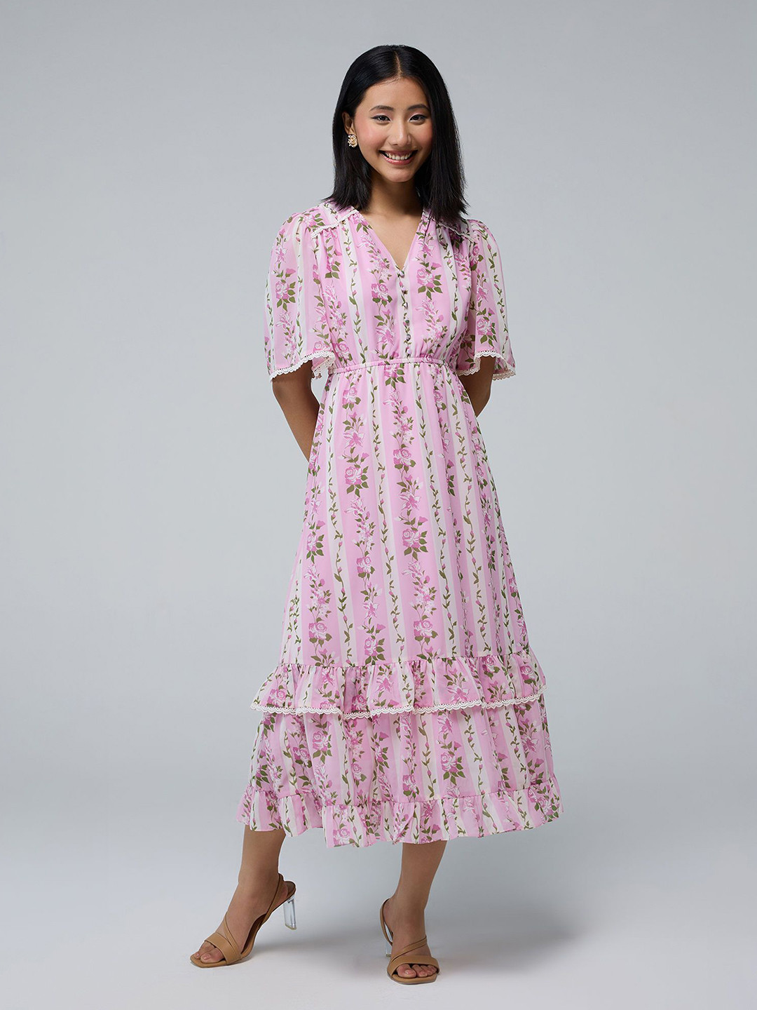 20Dresses Salmon Women Floral Printed V-Neck Flared Sleeve Fit & Flare Midi Dress