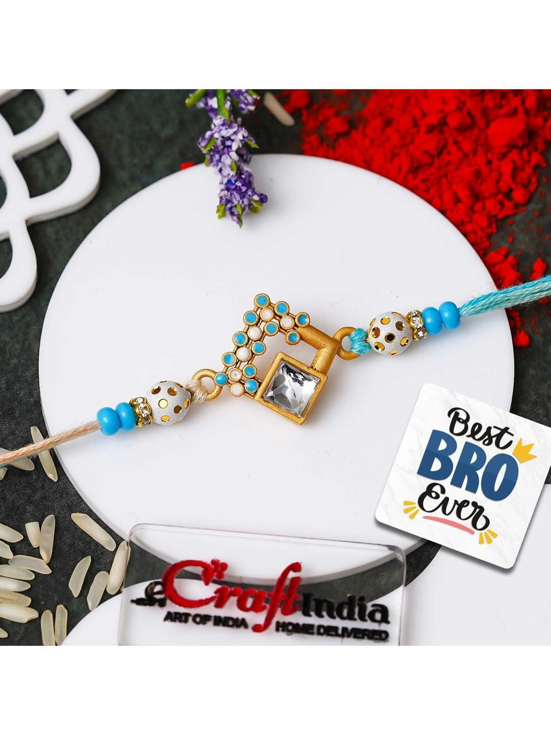 eCraftIndia Stone-Studded Rakhi With Roli Rice & Best Bro Ever Fridge Magnet