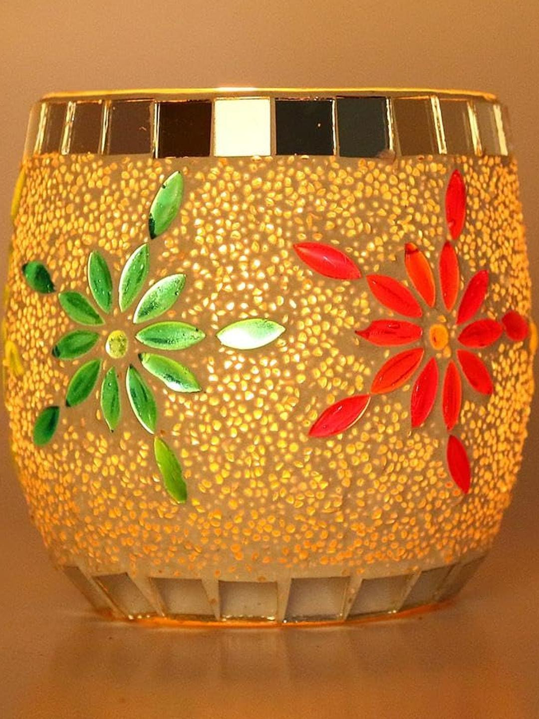 Somil Vibrant Multicolor Glass Candle Holder  Add A Touch Of Magic To Diwali, Parties & Candlelight Dinners, Size-8.5 X 8.5 X 9  Cm Pack OF 1