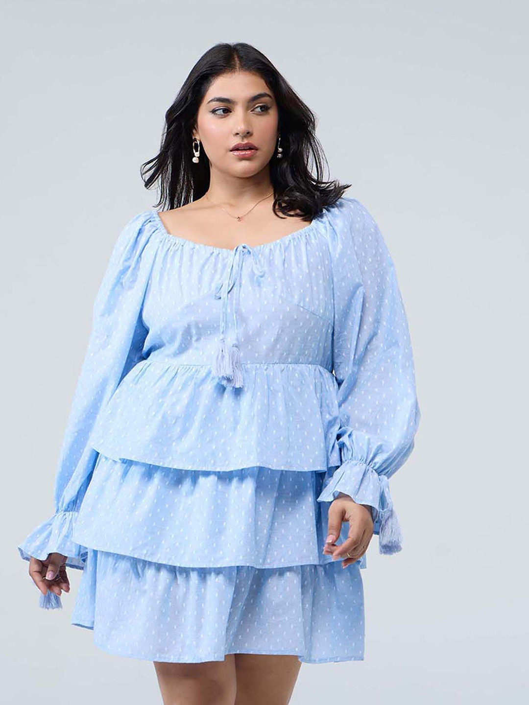 20Dresses Cottage Core Self Design Sweetheart Neck Tiered Ruffled Pure Cotton Mini Dress