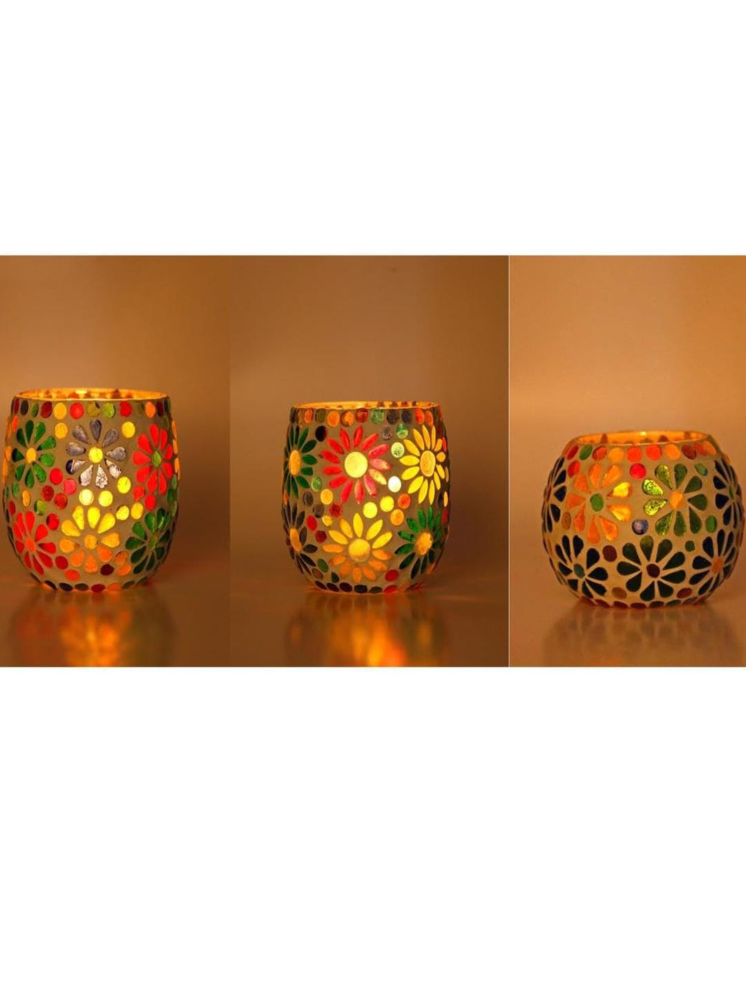 Somil Vibrant Multicolor Glass Candle Holder  Add A Touch Of Magic To Diwali, Parties & Candlelight Dinners, Size-8.5 X 8.5 X 8.5  Cm , 8.5 X 8.5 X 9  Cm , 8.5 X 8.5 X 7  Cm Pack OF 3