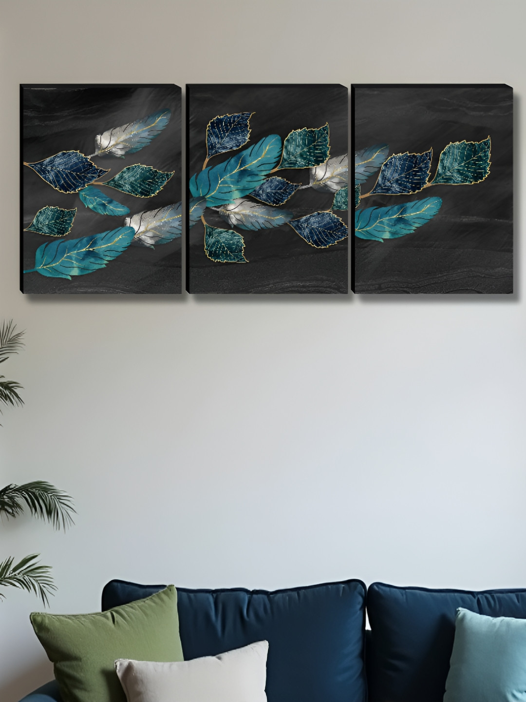 Livin'luxe Teal & Silver Toned 3 Pieces Leaf  Printed Wall Arts