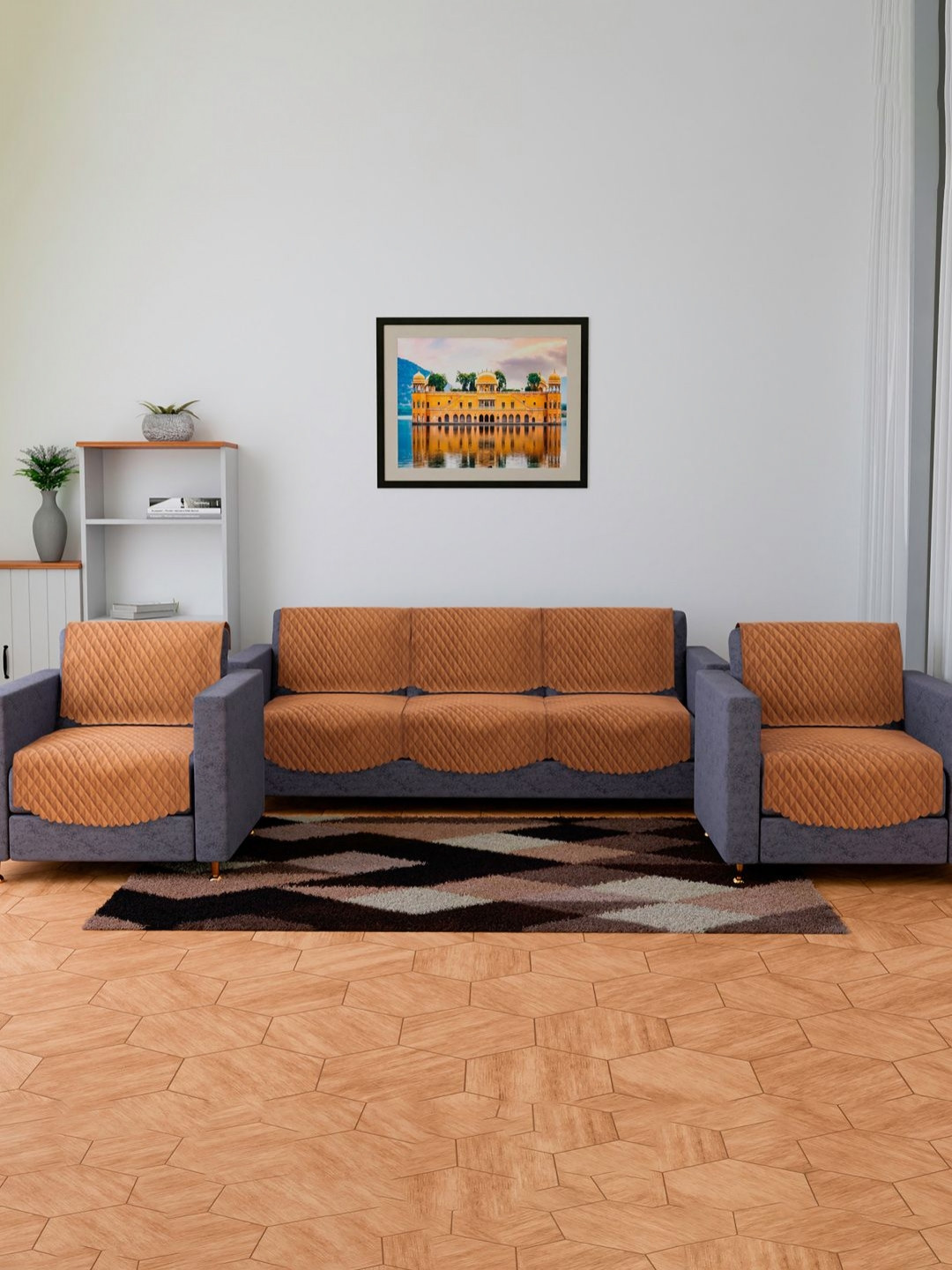 RUBOXA Brown Printed Velvet Sofa Cover