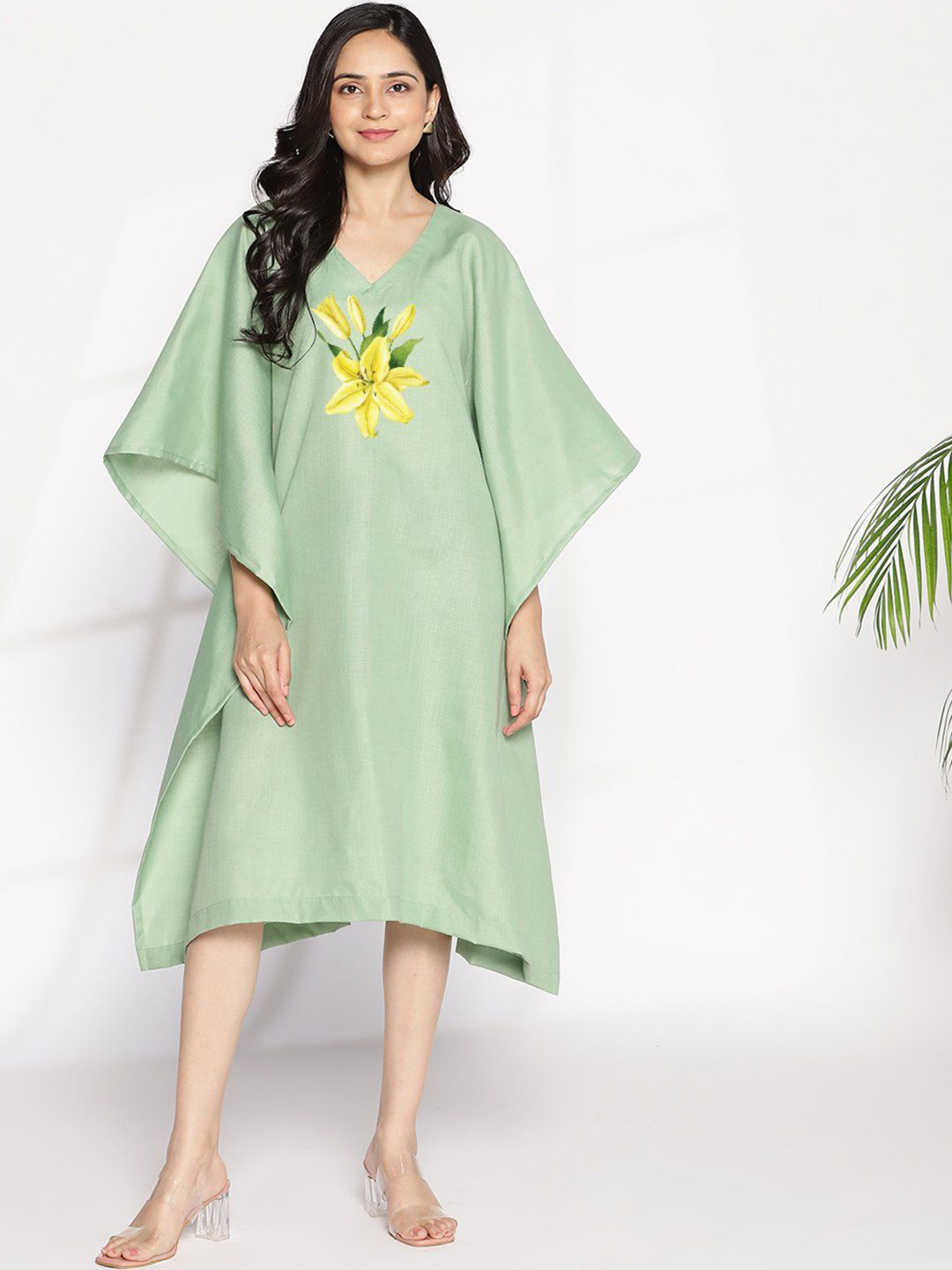 LetsDressUp Women XS Floral Printed Slub Cotton Kaftan Midi Dress