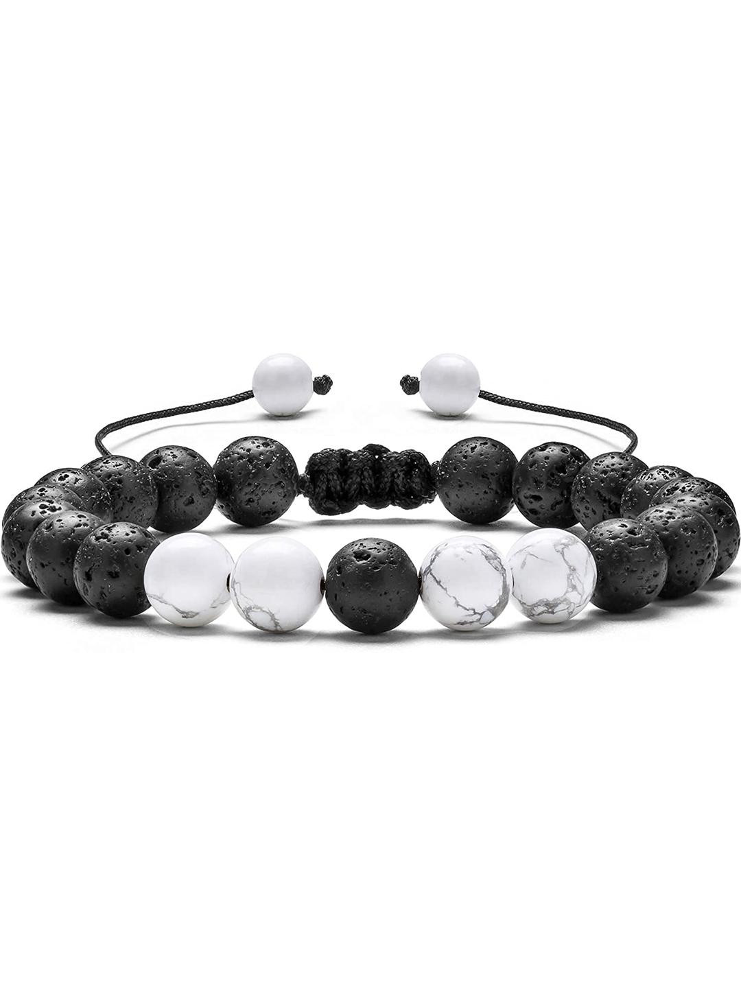 EDMIRIA Unisex White & Black Beads Wood Elasticated Drawstring Bracelet