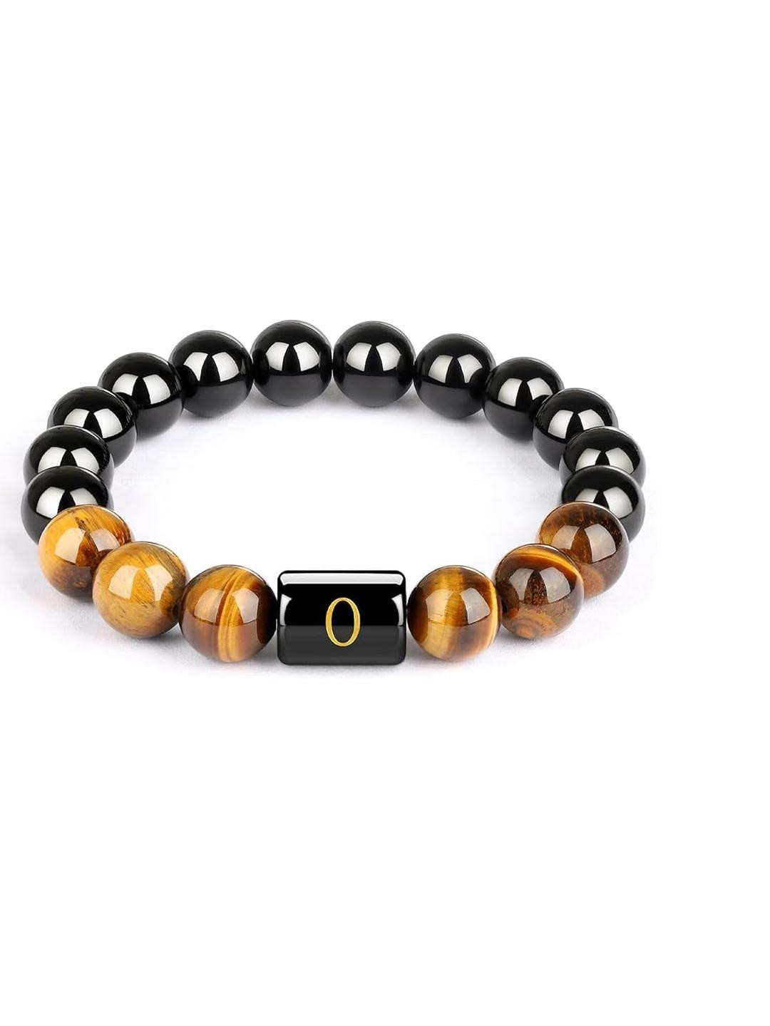 EDMIRIA Unisex Brown & Black Letter O Beaded Wood Elasticated Slip-On Bracelet