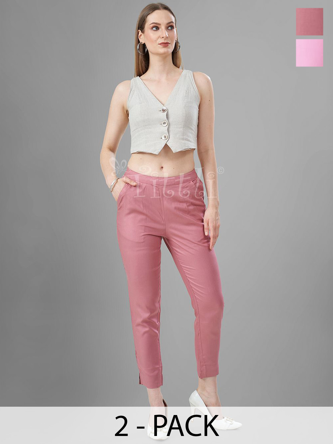 T19 Women Pack Of 2 Relaxed Straight Fit Mid-Rise Trousers