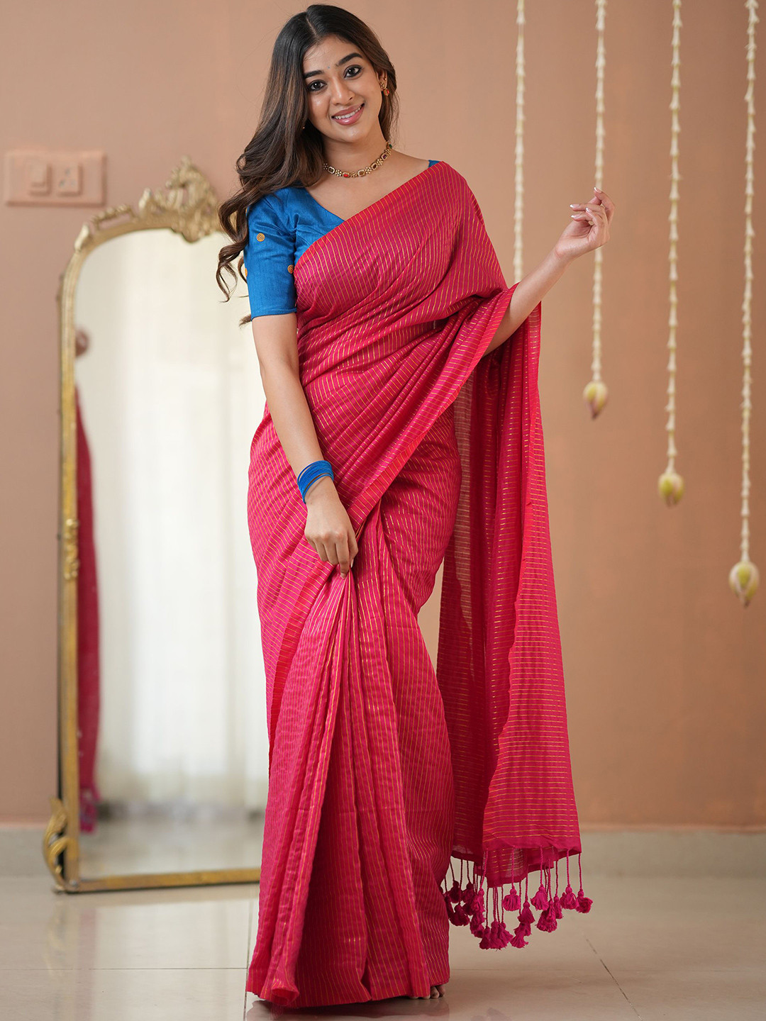 RAAG VARNAM Pink Stripe cotton Saree designer Work Blouse