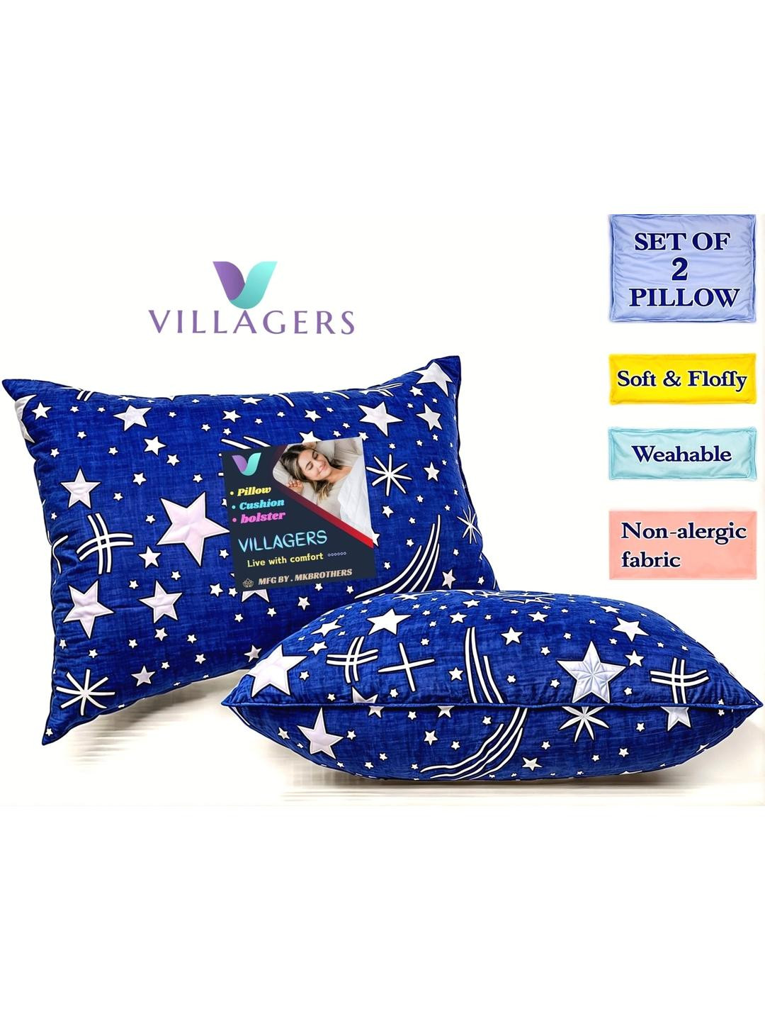 VILLAGERS Set of 2 Blue Star Printed Cotton Filled Polyester Washable Sleep Pillows