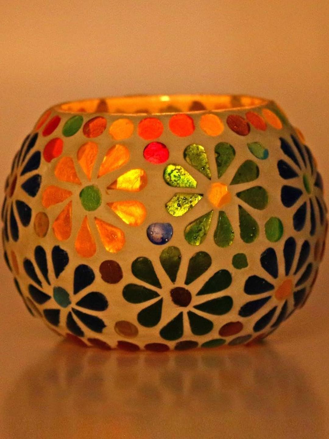 Somil Vibrant Multicolor Glass Candle Holder Size-8.5 X 8.5 X 7  Cm Pack OF 1