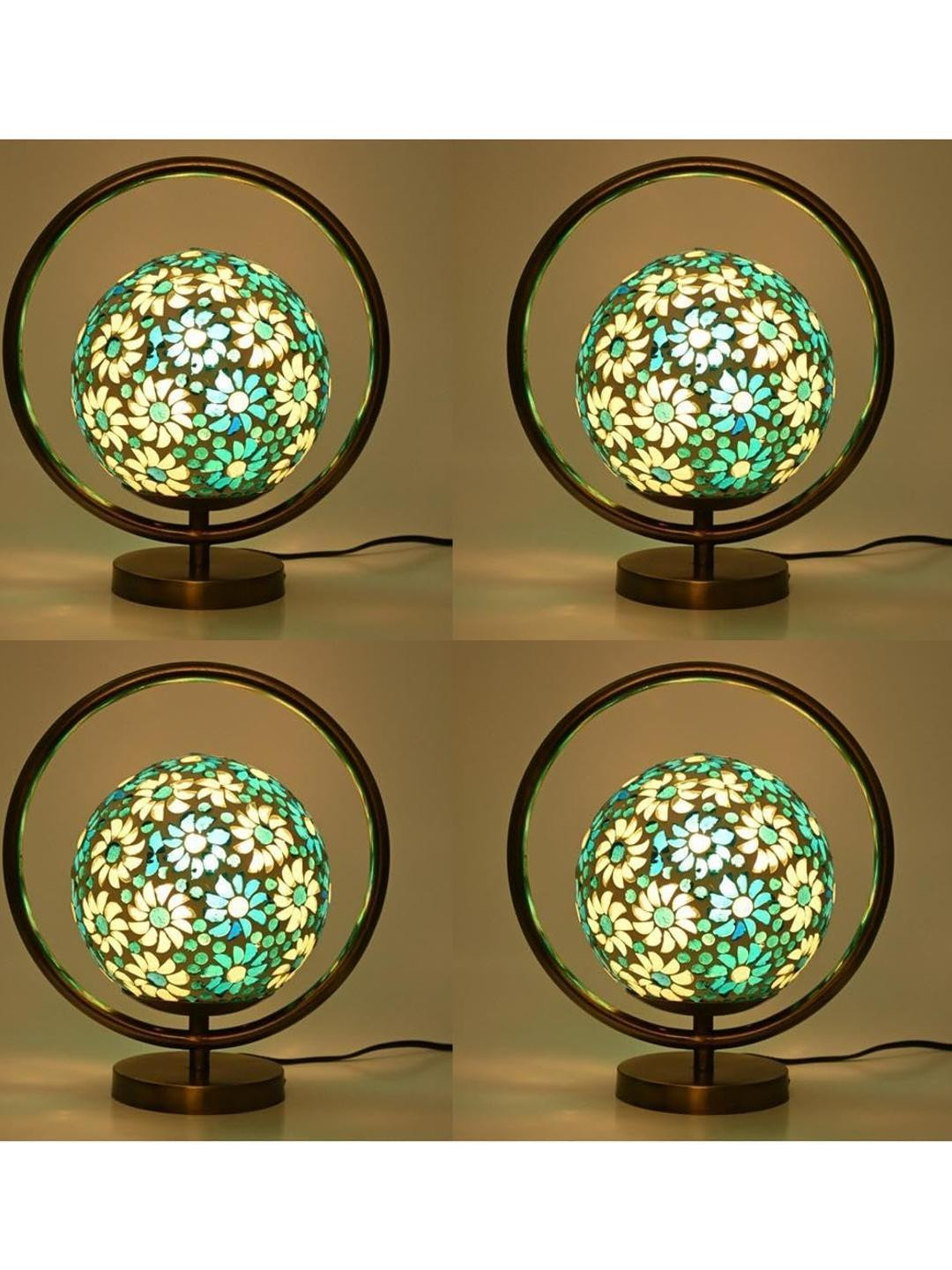 SOMIL Pack Of 4 Blue Printed Glass Cylindrical Shaped Table Lamp