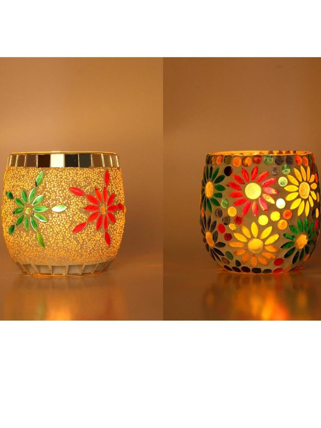 Somil Vibrant Multicolor Glass Candle Holder  Add A Touch Of Magic To Diwali, Parties & Candlelight Dinners, Size-8.5 X 8.5 X 9  Cm , 8.5 X 8.5 X 9  Cm Pack OF 2