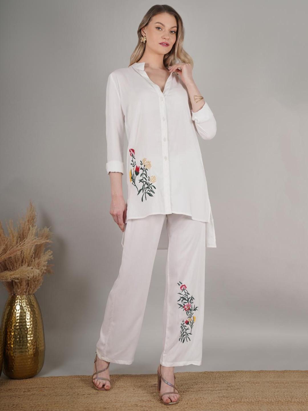 MODA-Q Embroidered V-Neck Shirt With Trouser Co-Ords