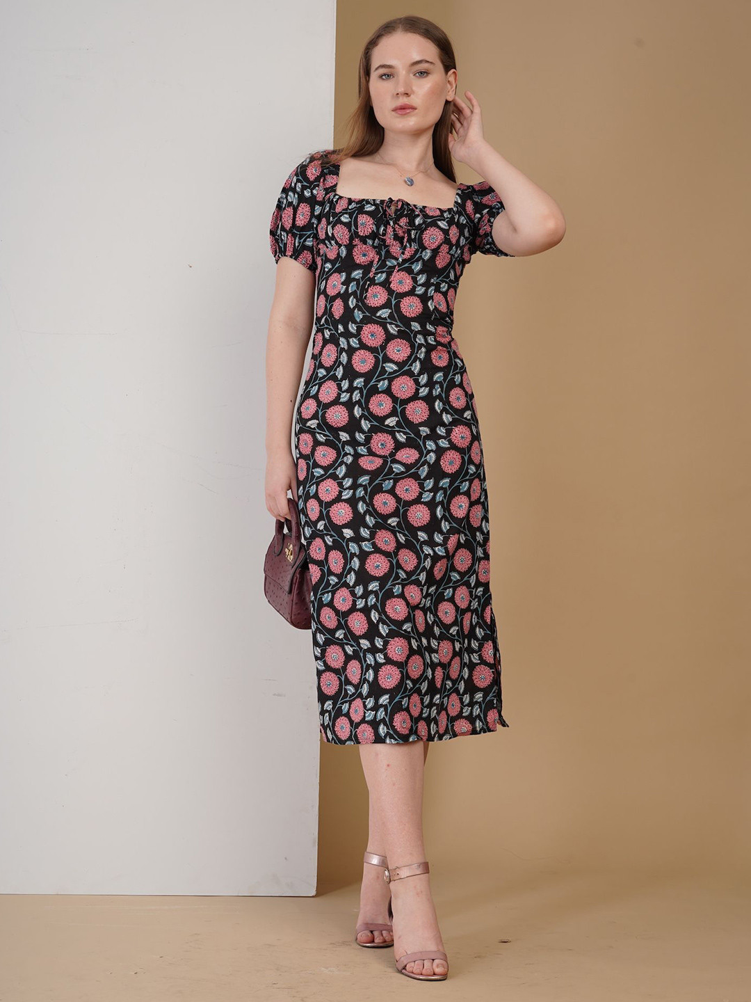 Raeth Apparels Parisian Floral Printed Square Neck Puff Sleeves A-Line Cotton Midi Dress