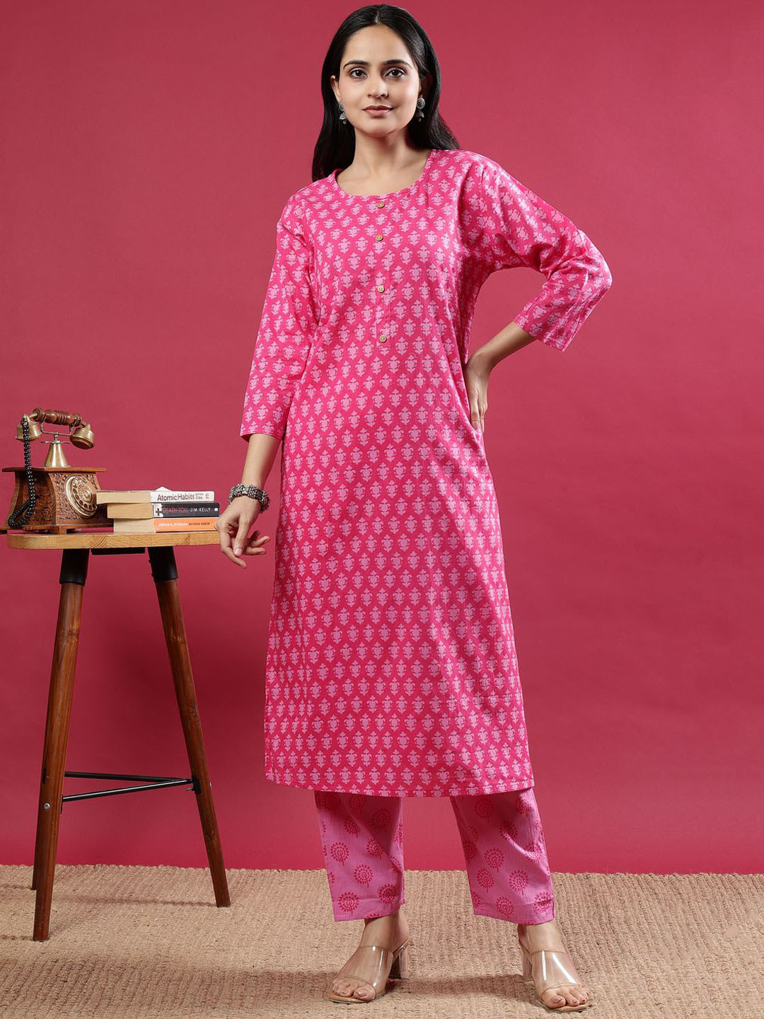 Polyglot Floral Printed Round Neck Straight Kurta With Trousers And Dupatta