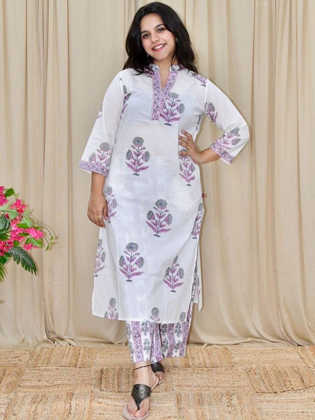 Amaya Floral Printed Mandarin Collar Pure Cotton Straight Kurta With Trousers
