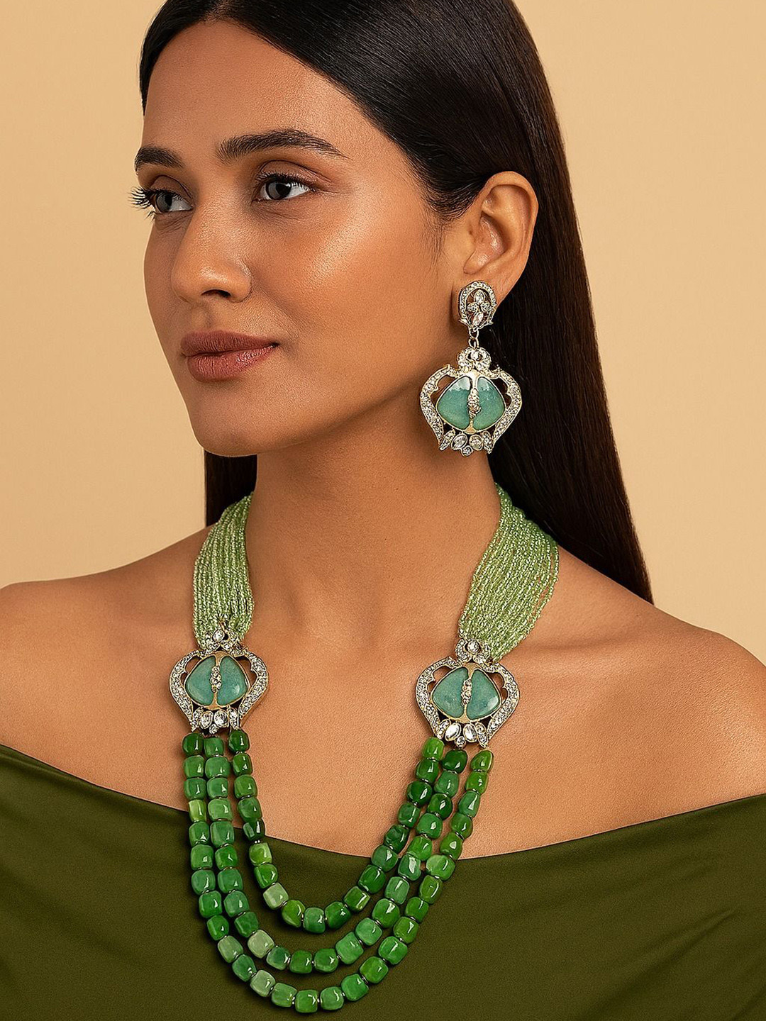 TJC Gold-Plated Monalisa Onyx Gemstone-Studded Jewellery Set