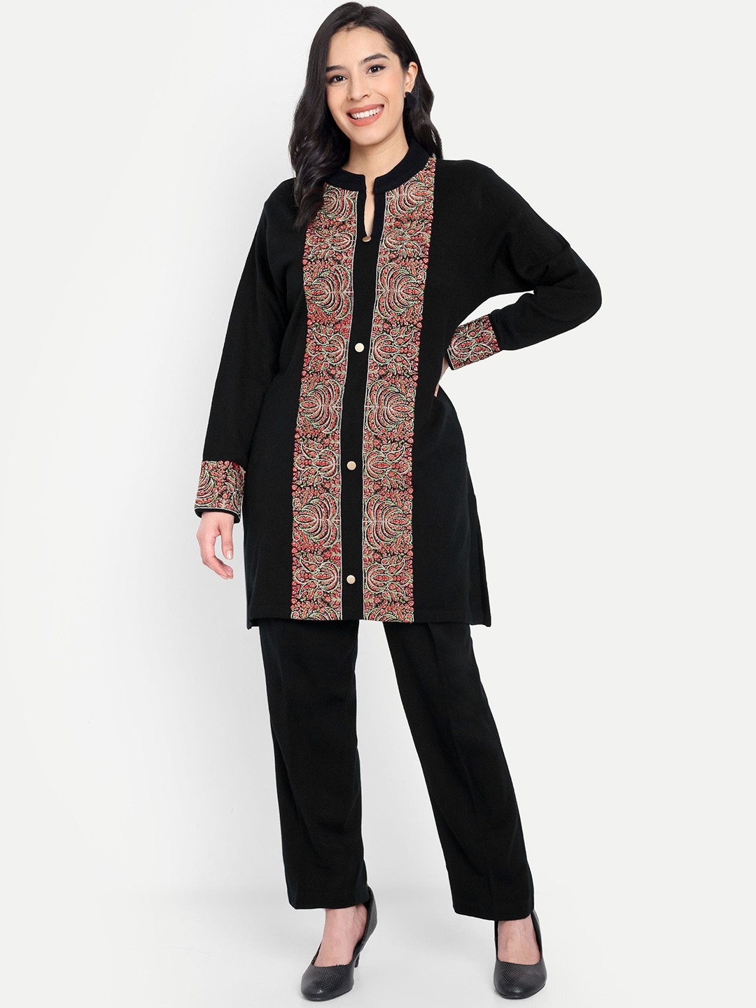 HAUTEMODA Embroidered Woolen Tunic With Trousers Co-Ords
