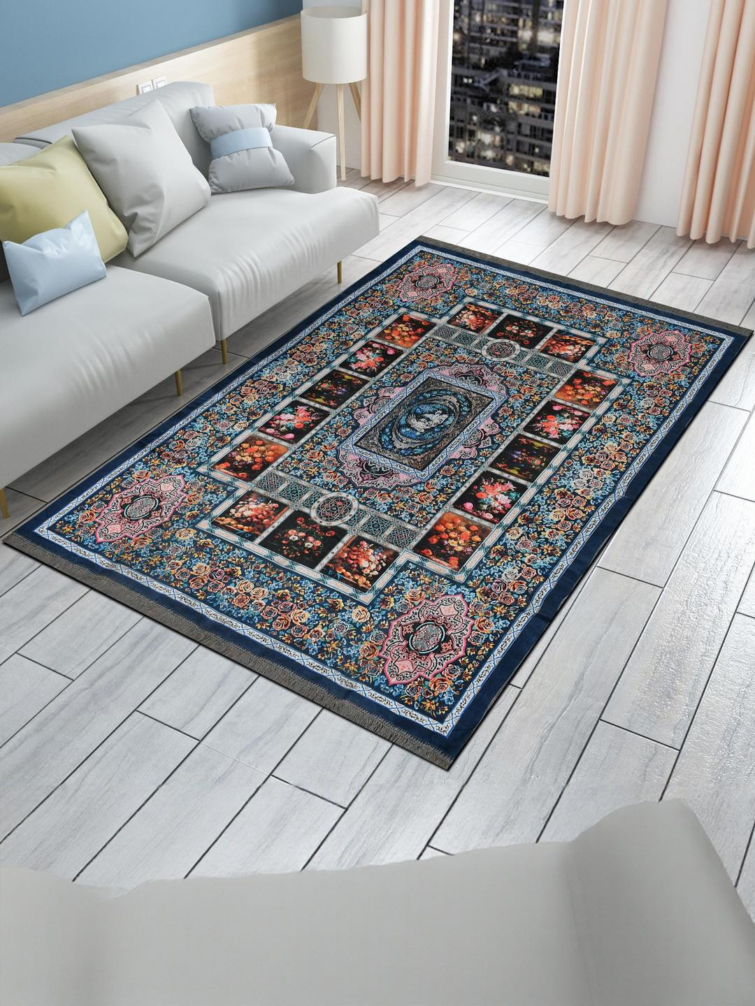 IVAZA Blue Cotton Floral  Carpets