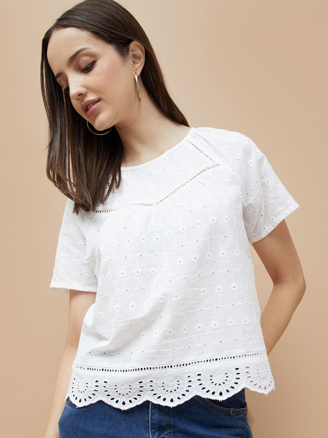 Fame Forever by Lifestyle Women Round Neck Crochet Cotton short Top