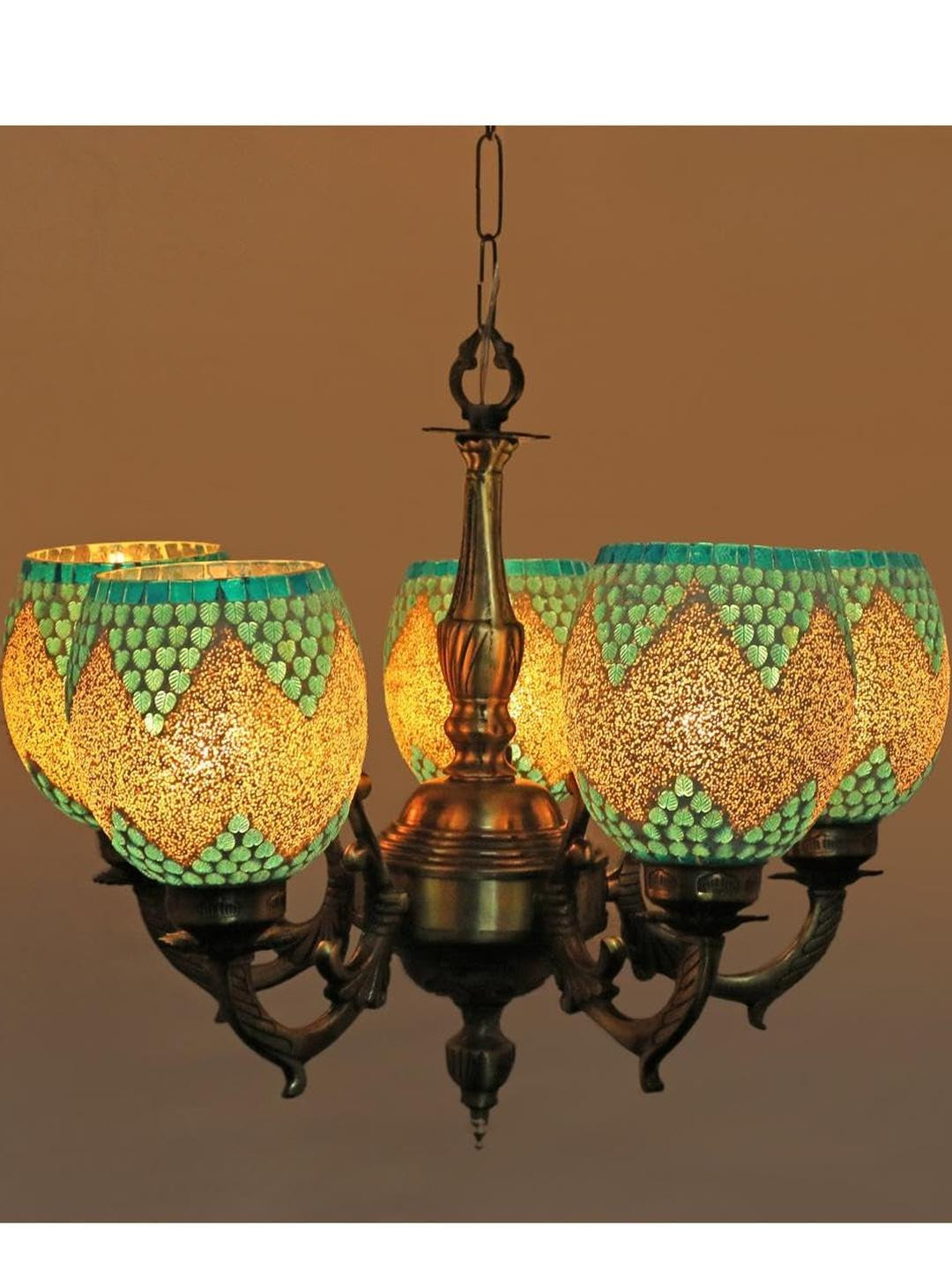 Somil Antique 5-Light Chandelier with Mosaic Glass Shades, Firozi and White Lighting Effect, Metal Fitting. LED Compatible. Dia: 48 X 48 X 100 Cm.