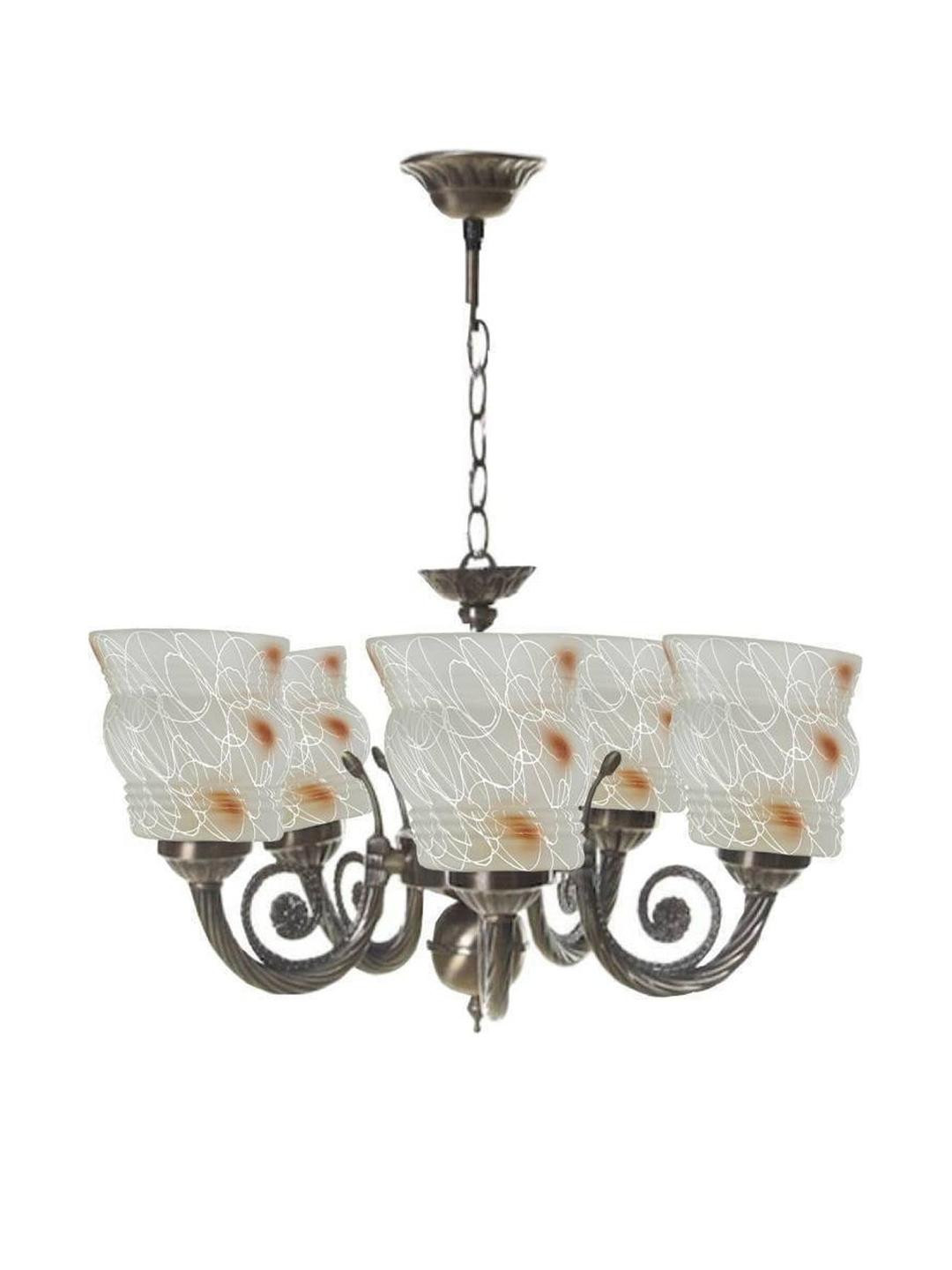 Somil Antique 5-Light Chandelier with Glass Shades, Brown and White Lighting Effect, Metal Fitting. LED Compatible. Dia: 42 X 42 X 100 Cm.