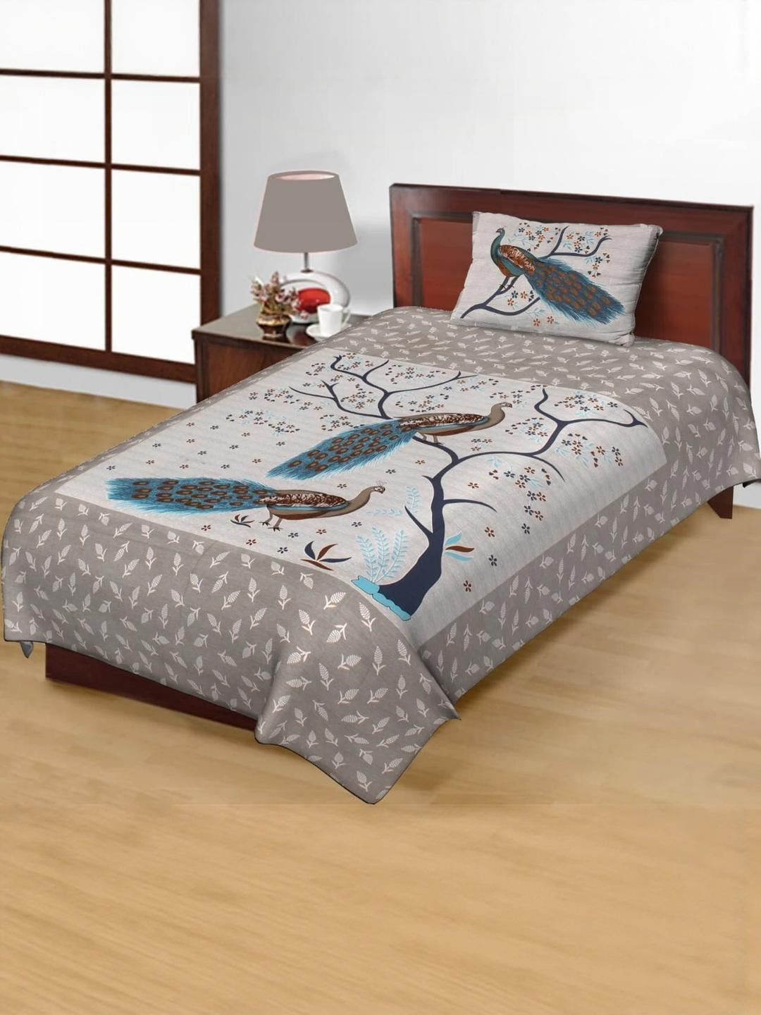 Salgia Peacock Printed 144 TC Single Bedsheet With 1 Pillow Cover