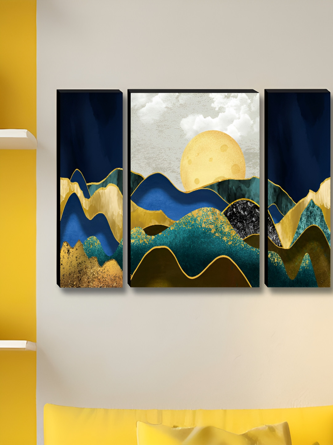 Livin'luxe Blue & Gold Toned 3 Pieces Sunset Mountain Printed Wall Arts
